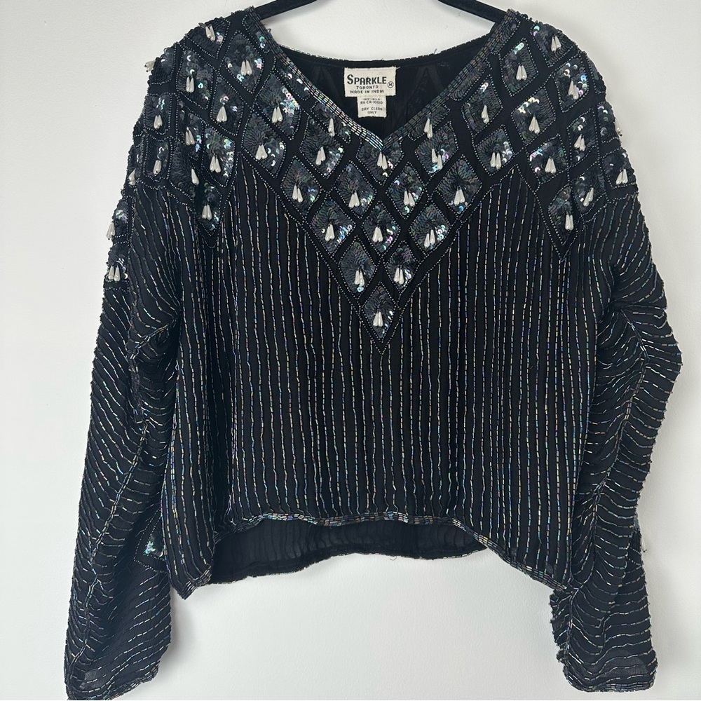 Sparkle Toronto Vintage‎ Top Size Medium Black Beaded Silk Retro Party Night Out